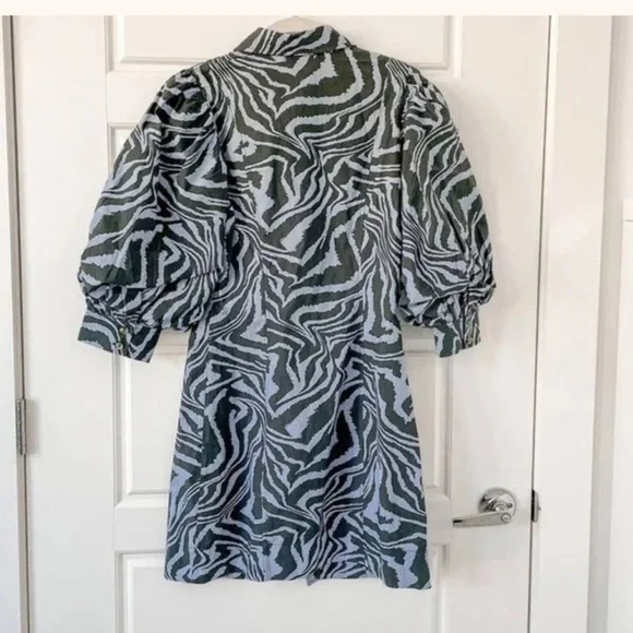 Ganni Blue Black Zebra Animal Print Puff Sleeve Mini Dress Size Small - Picture 11 of 11